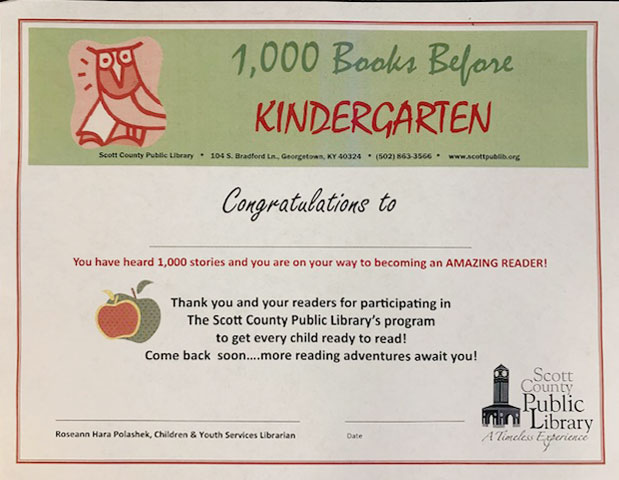 1000 books read before kindergarten certificate