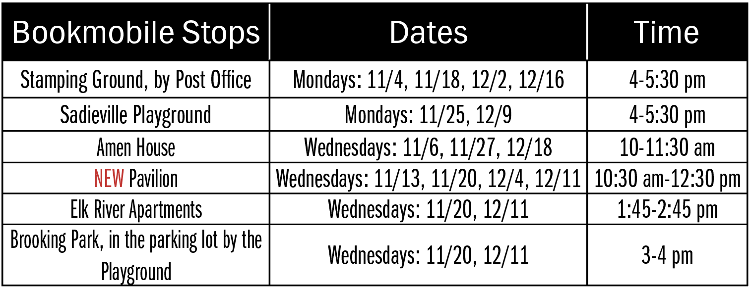 Nov/Dec Bookmobile schedule