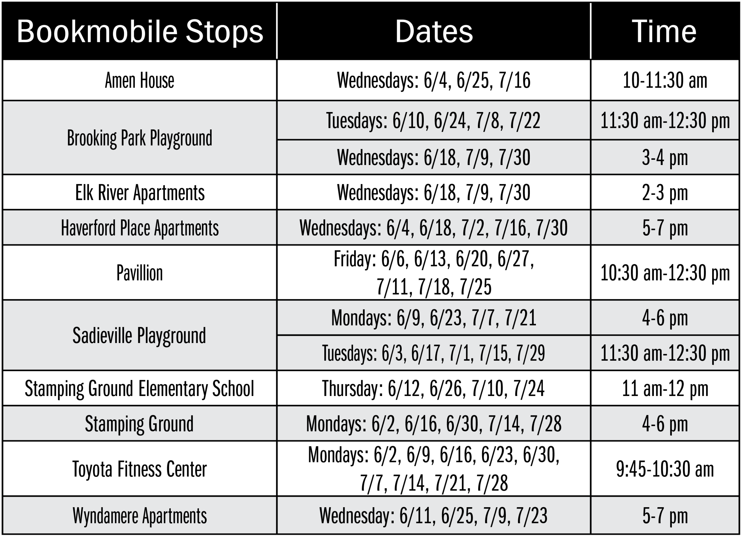 2025 June and July bookmobile schedule