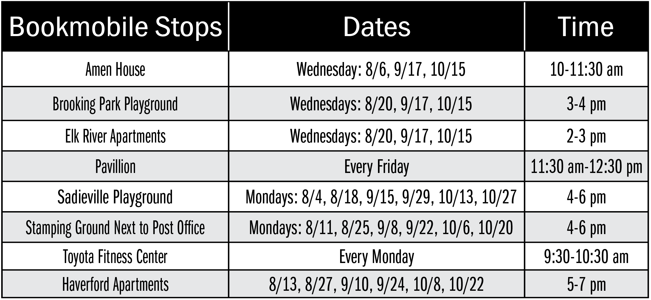 August thru October bookmobile stop schedule