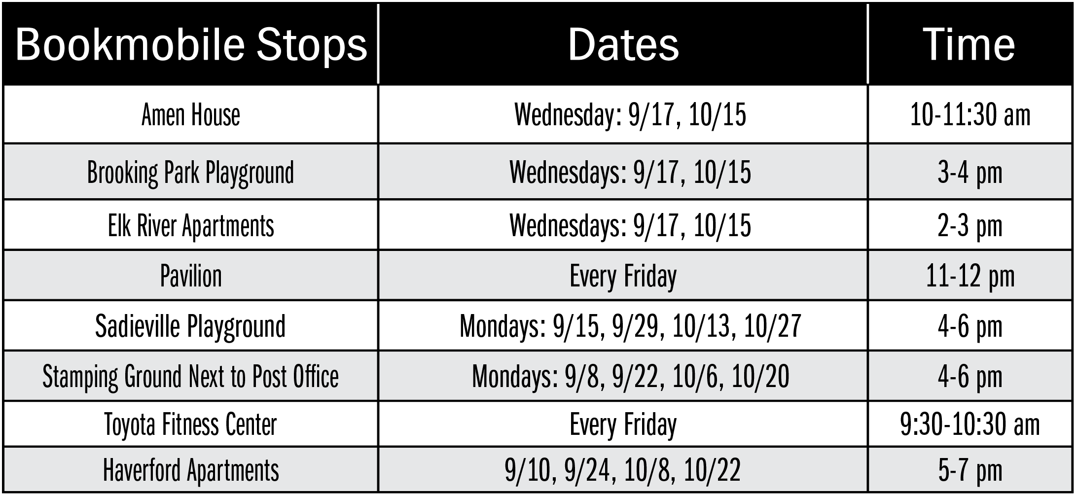 Sept/October bookmobile schedule