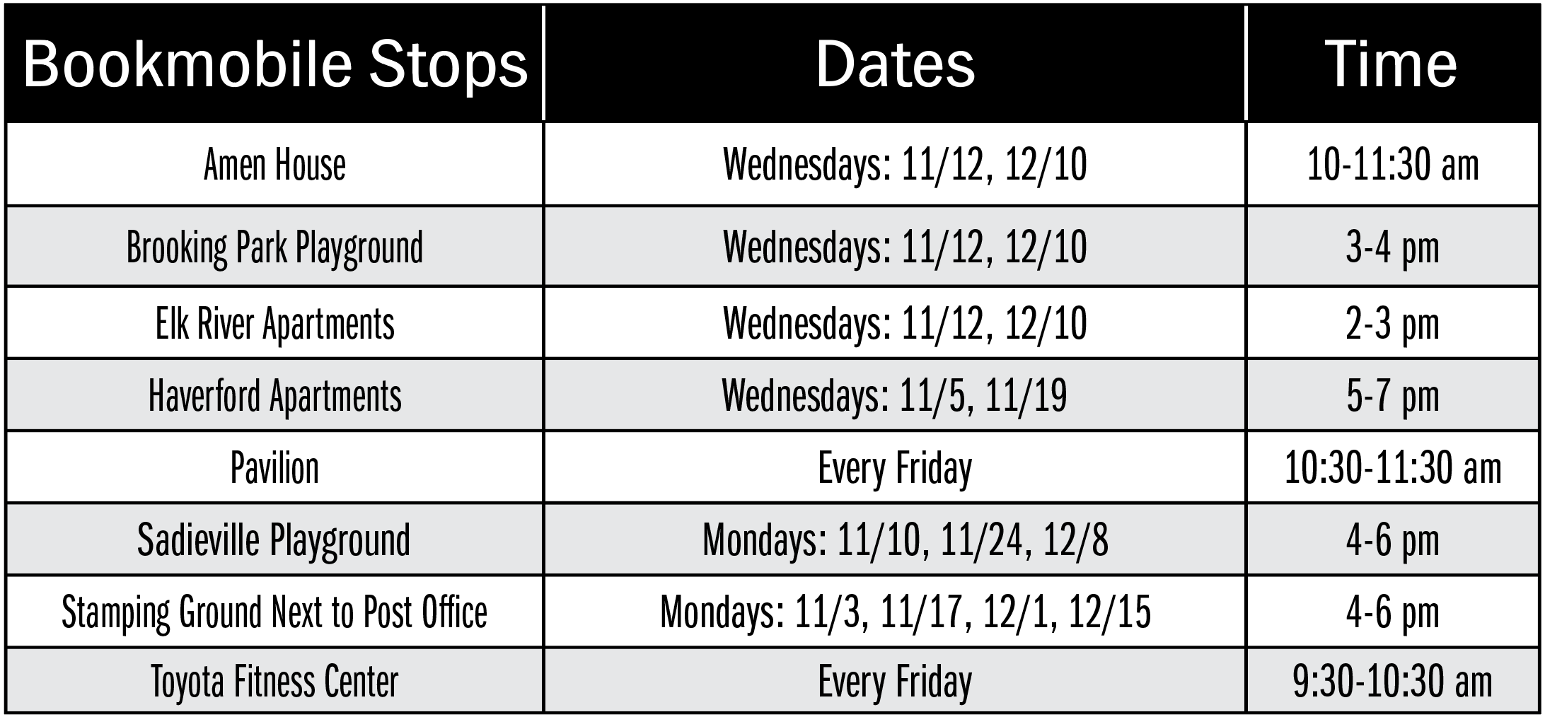 Book mobile schedule for November and December