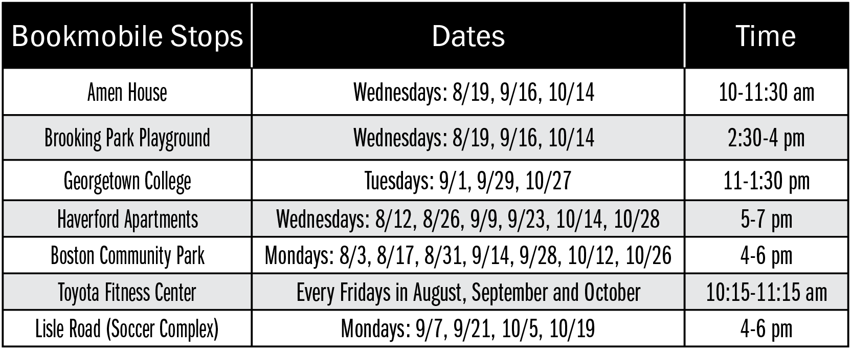 Bookmobile schedule for August through October