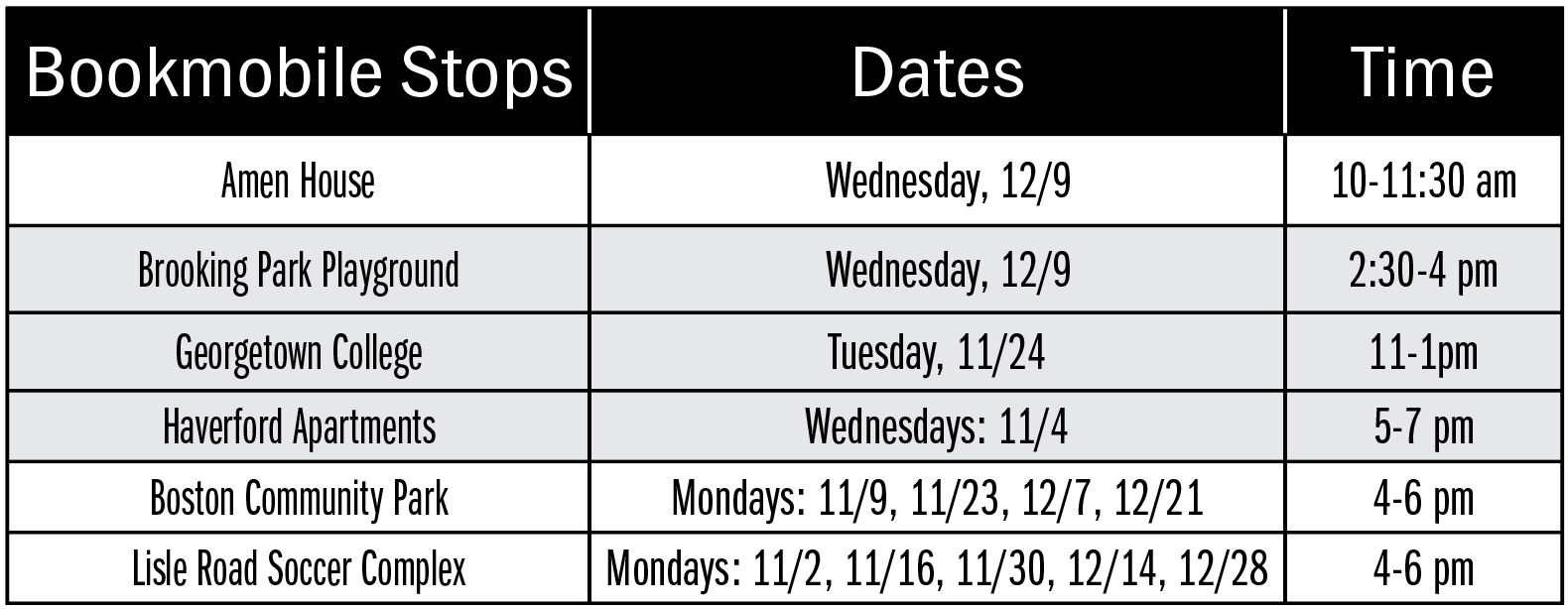 November and December Bookmobile schedule